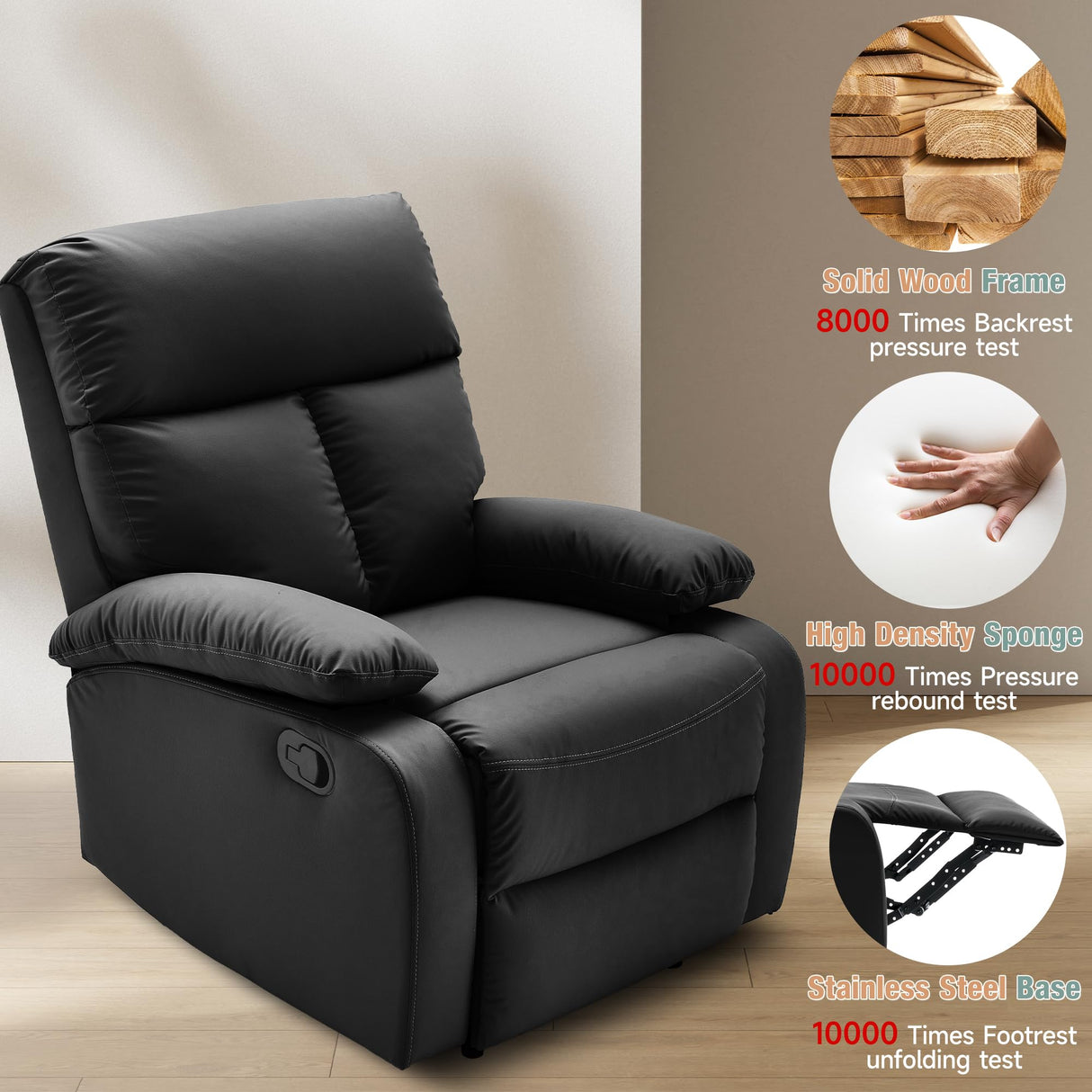 hzlagm Manual Small Recliner Chair for Adults, Small Recliners for Small Spaces, Faux Leather Reclining Chairs, Single Lazyboy Recliner Sofa for Living Room, RV, Bedroom, Black