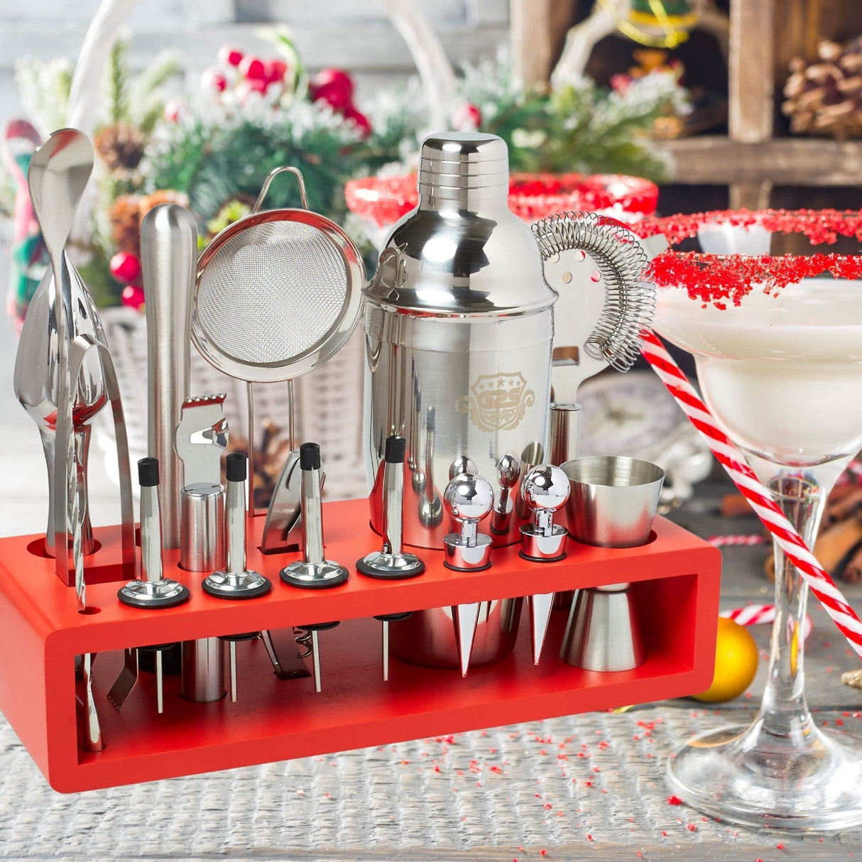 Professional Bartender Kit and Cocktail Shaker Set with Stand - 17 Piece Stainless Steel