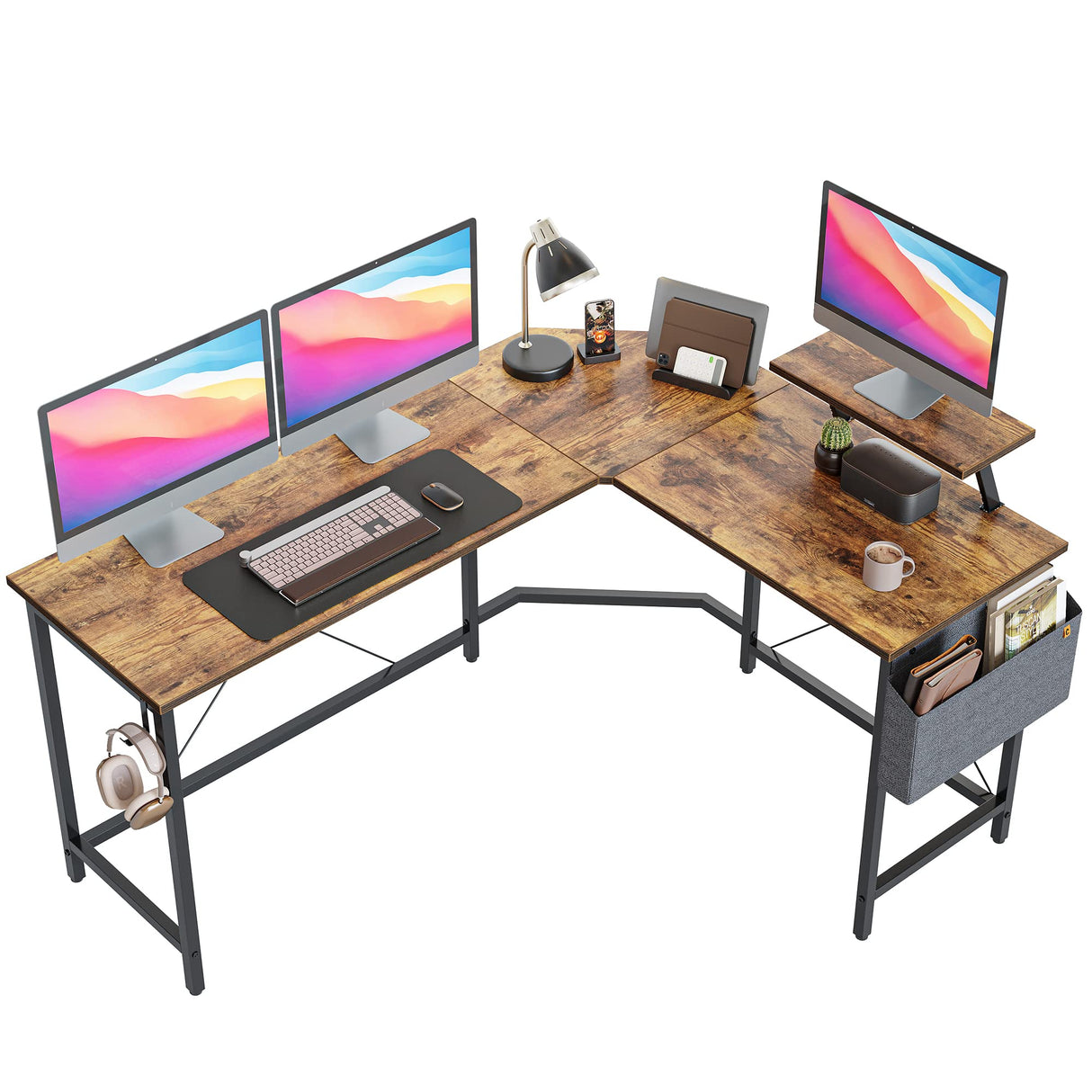 59.1" L-Shaped Gaming Desk, Home Office Computer Desk with Monitor Stand, Brown