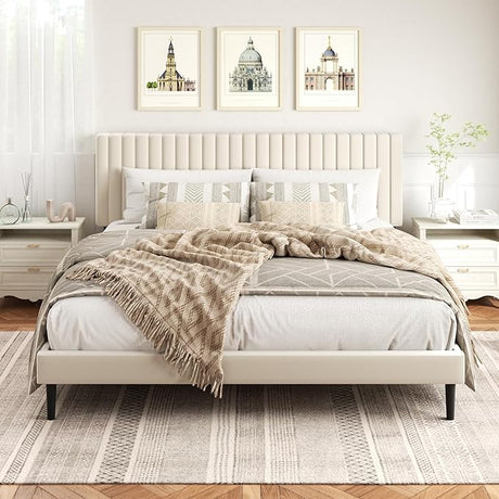 Queen Size Platform Bed Frame with Velvet Upholstered Headboard, queen bed frame