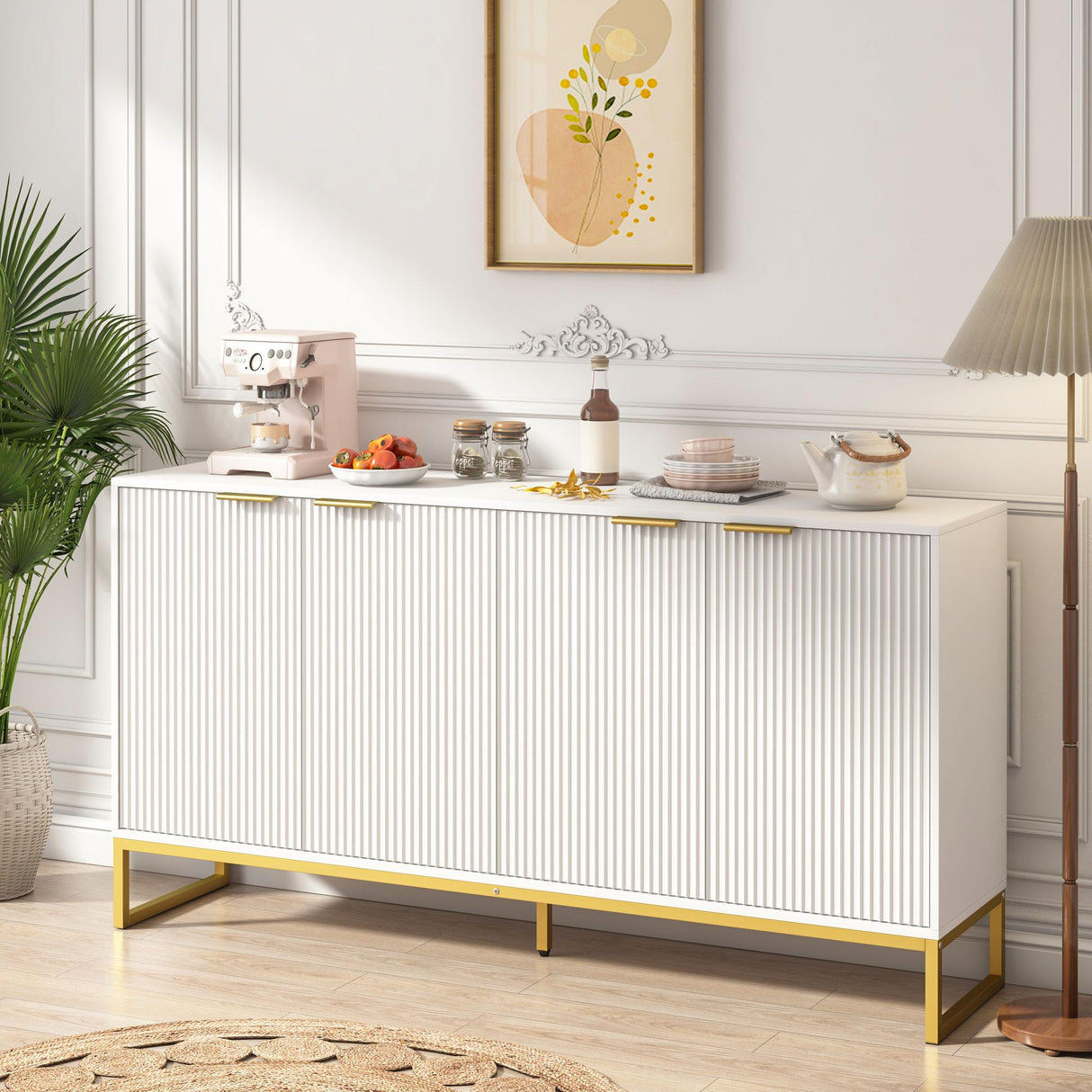 Fluted Accent Cabinet, Kitchen Sideboard Buffet Cabinet with 4 Fluted Doors