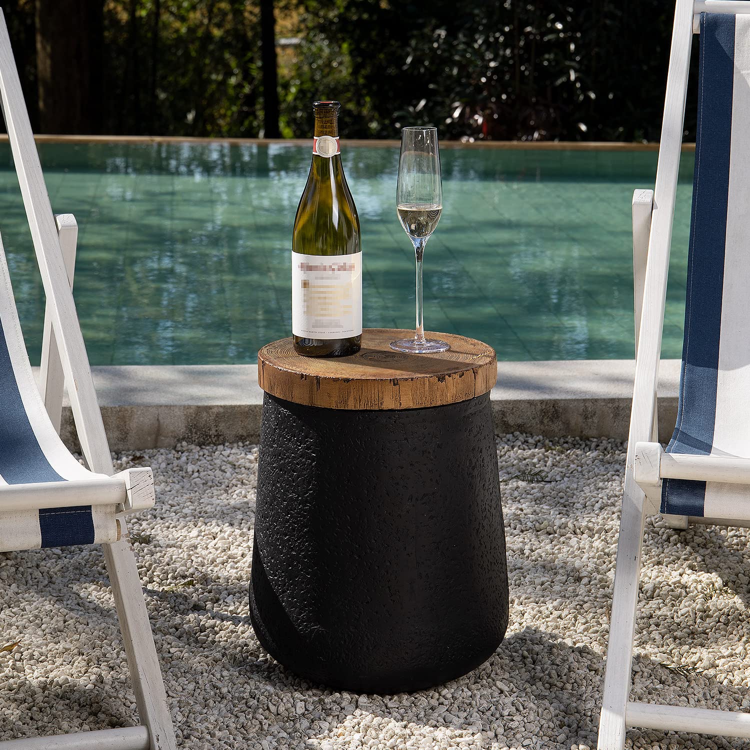 Drum End Table Cylinder Shaped Concrete Side Table Faux-Wood Top