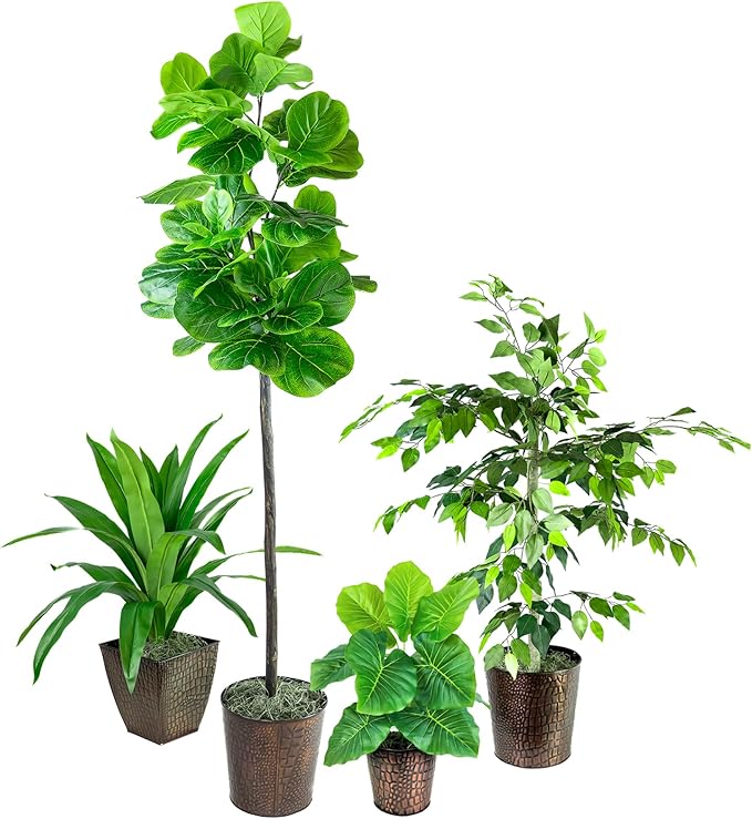 Artificial Ficus Tree with Real-Wood Trunk & Copper Metal Pot - Indoor and Outdoor Faux