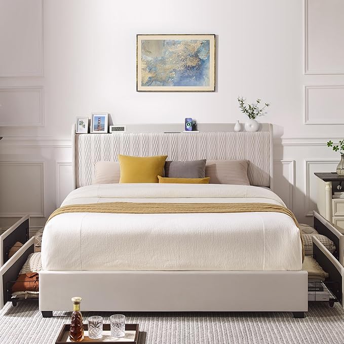 Queen Size Bed Frame, Velvet Upholstered Platform Bed