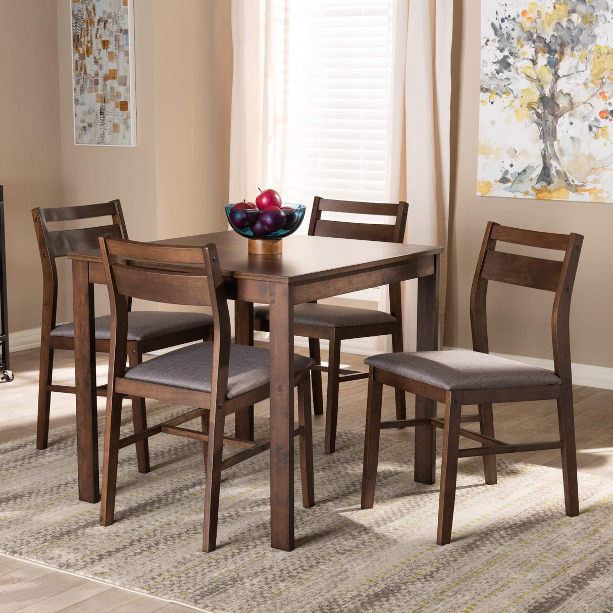 Lovy Modern and Contemporary Gray Fabric Upholstered Dark Walnut-Finished 5-Piece