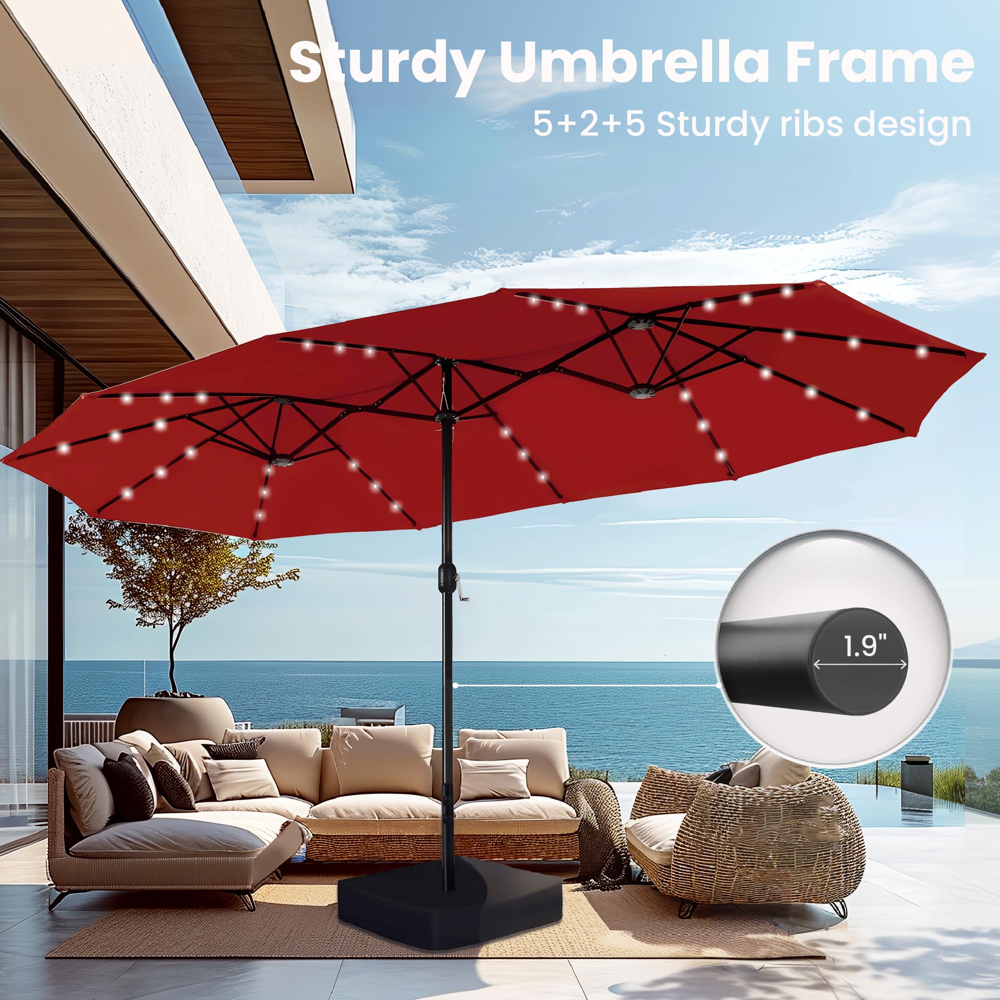15ft Large Patio Umbrellas with 36 LED Solar Lights, Double-Sided Outdoor Market