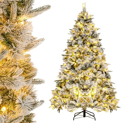 Goplus 6ft Pre-Lit Snow Flocked Artificial Christmas Tree, Hinged Xmas Tree