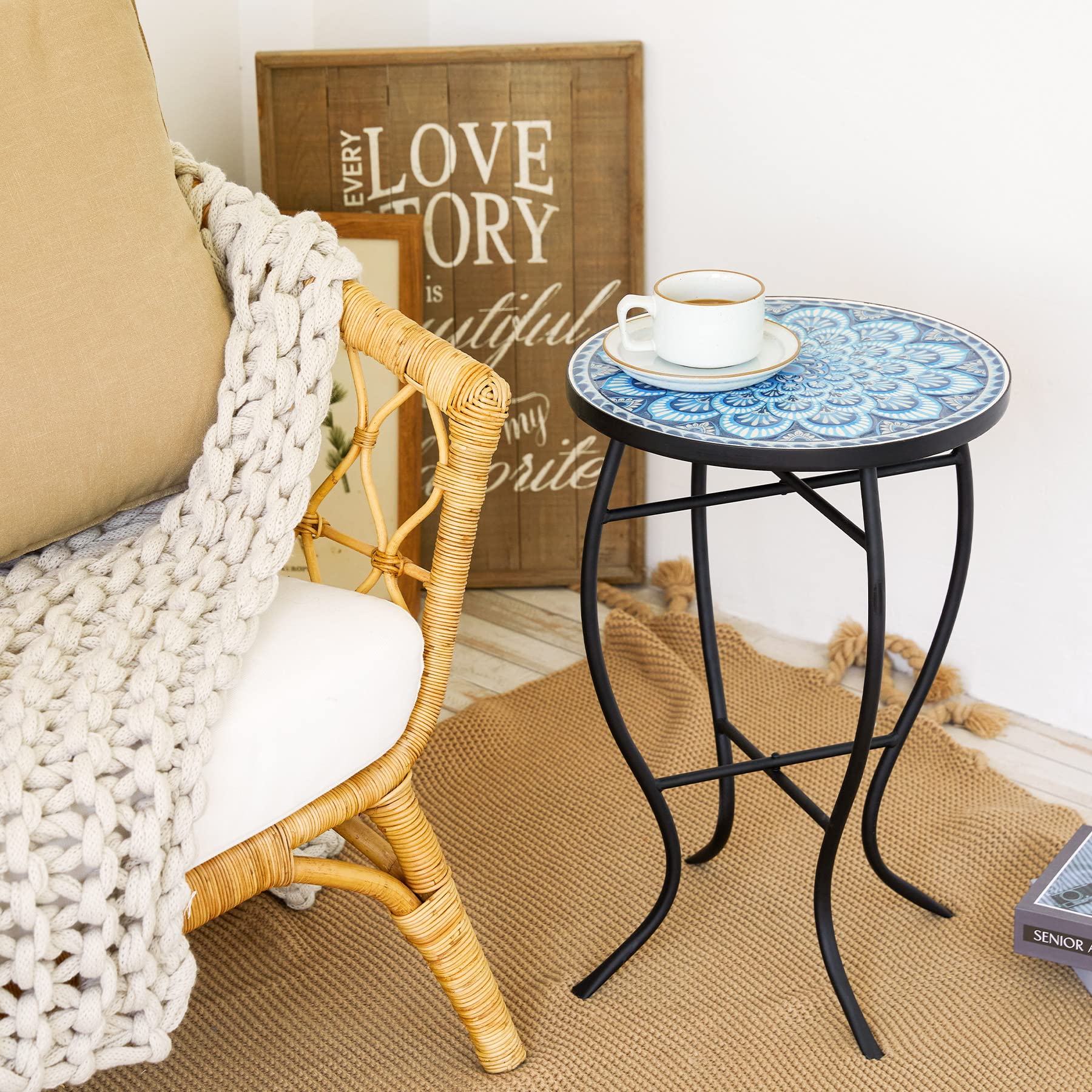 VONLUCE Mosaic Side Table and Plant Stand, 21" Round End Table with 14" Ceramic Tile Top, Indoor & Outdoor Accent Table, Porch Patio Furniture, Entryway & Coffee Table for Home & Garden, Blue Mandala - Bircata