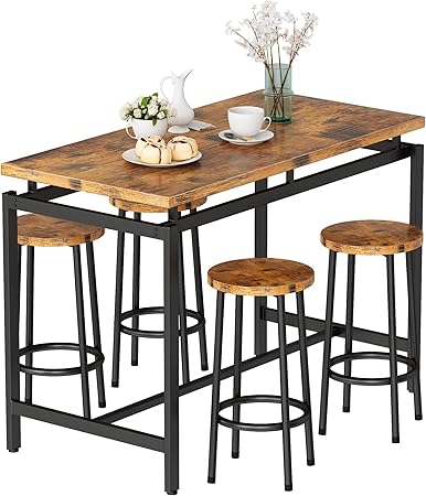 5 Pcs Dining Table Set, Industrial Kitchen Table and Chairs for 4, Bar Table Set Height