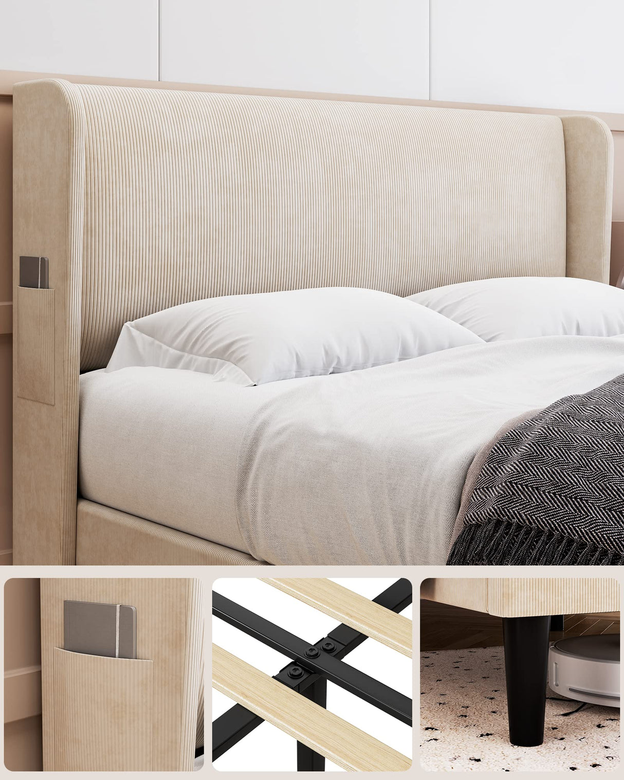 Full Bed Frame, Upholstered Platform Bed with Wingback Headboard, Velvet Upholstered Bed Frame with 2 Storage Pockets,