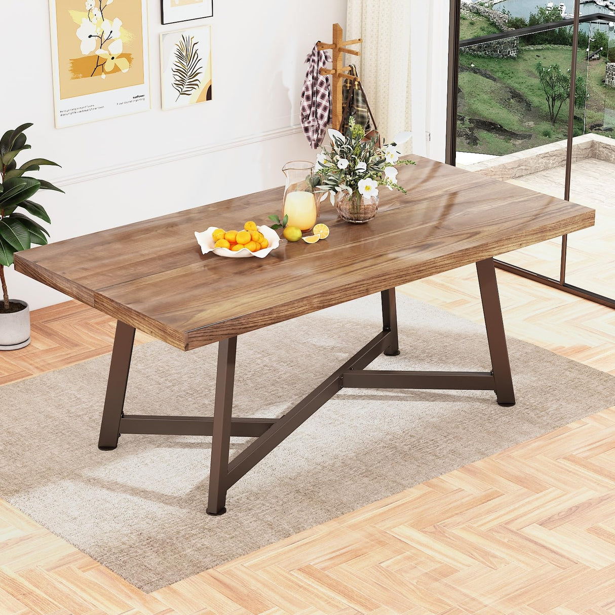 chartustriable 72" Large Solid Wood Dining Table for 4 5 6People,6FT Waterproof Rectangular Brown Kitchen Dinner Tables w/Adjustable Heavy Duty Metal Leg for Living Dining Room Farmhouse Office Family