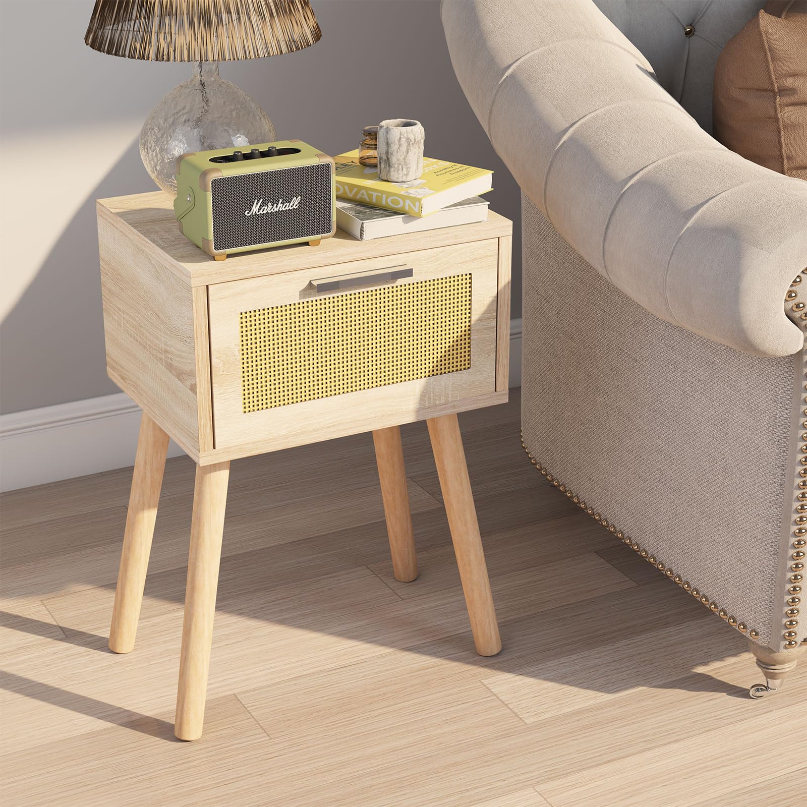 Nightstand, Small Bedside Table, Handmade Rattan Decorated Drawer, Solid Wood Legs