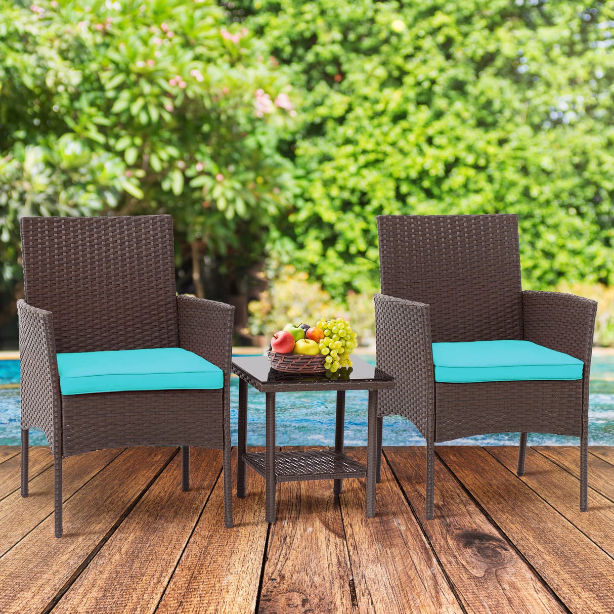 3 Piece Outdoor Furniture Set Patio Brown Wicker Chairs Furniture Bistro Conversation