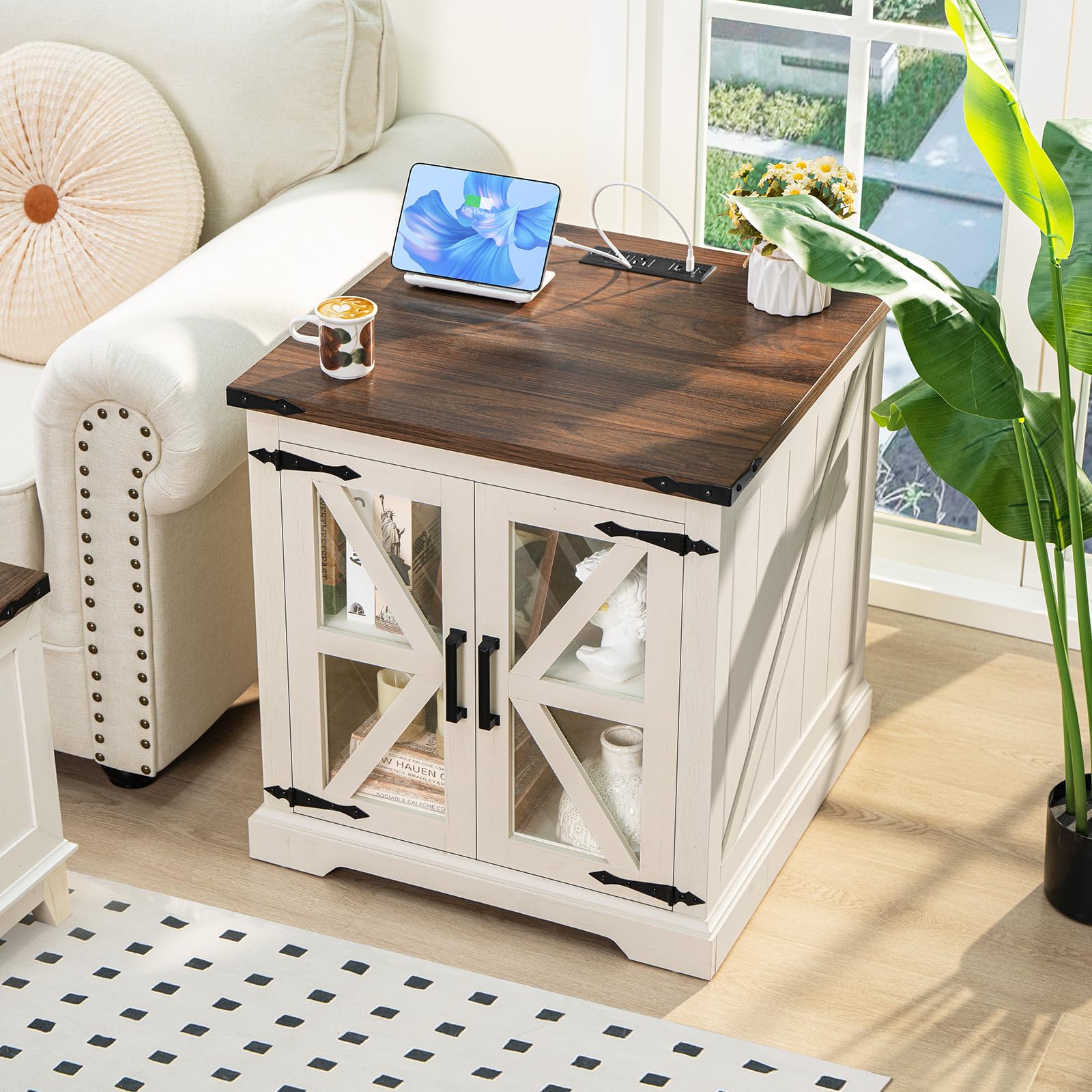 24" End Table Set of 2 with Charging Station, Farmhouse Night Stand with Glass Barn Door