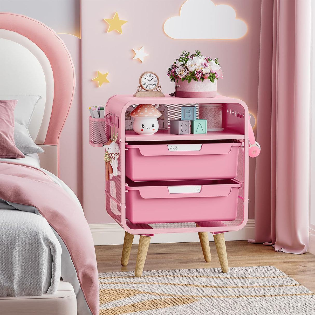 Pink Nightstand,Cute End Table with Storage Drawer,Kids Nightstand for Bedroom Furniture,