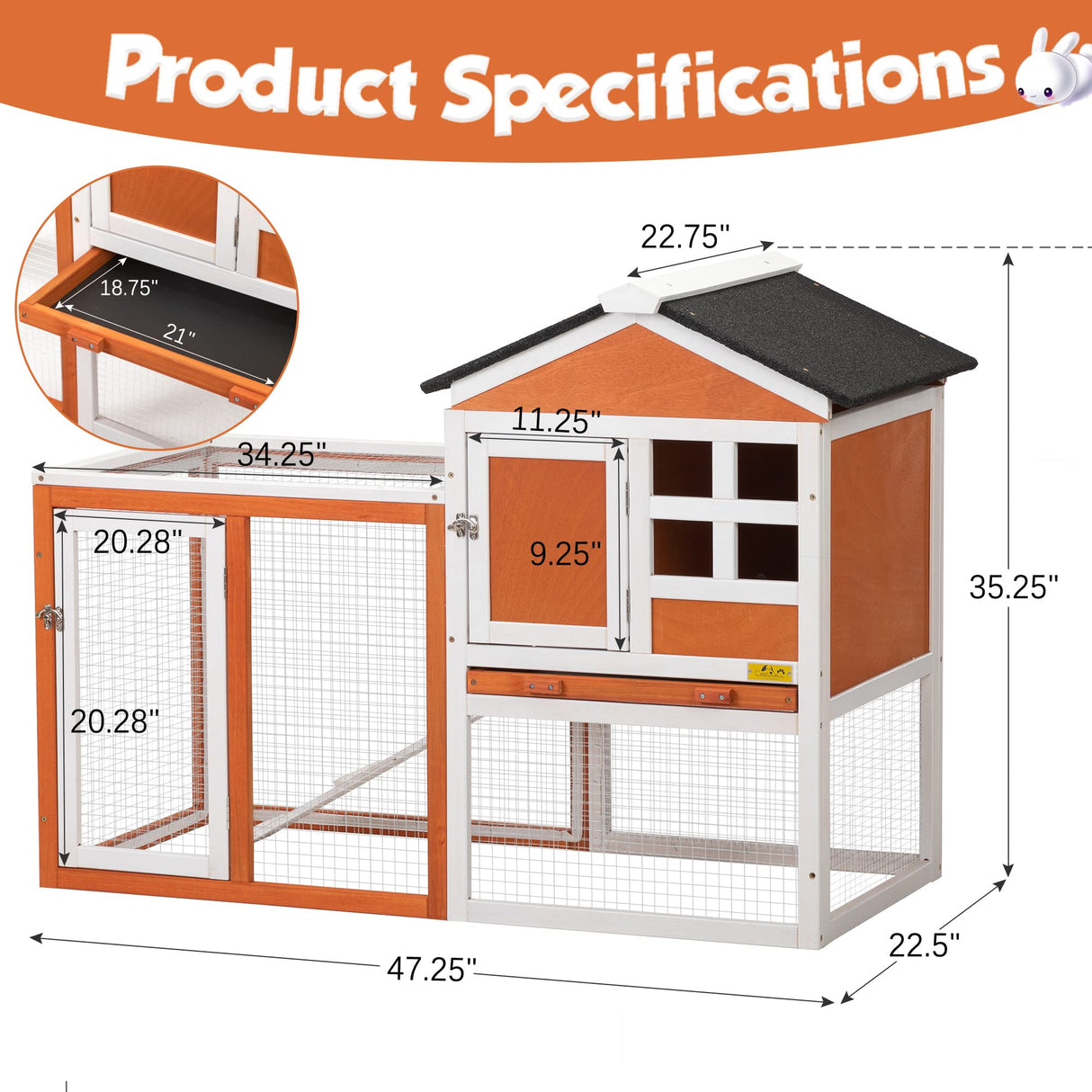 Wooden Rabbit Hutch Outdoor Indoor, 2-Floor Large Bunny Cage