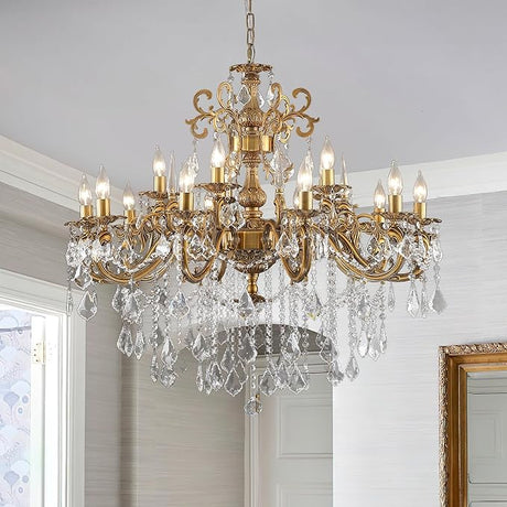 Gold Crystal Chandelier, 10-Light Antique Bronze Candle Pendant Ceiling Light Fixture