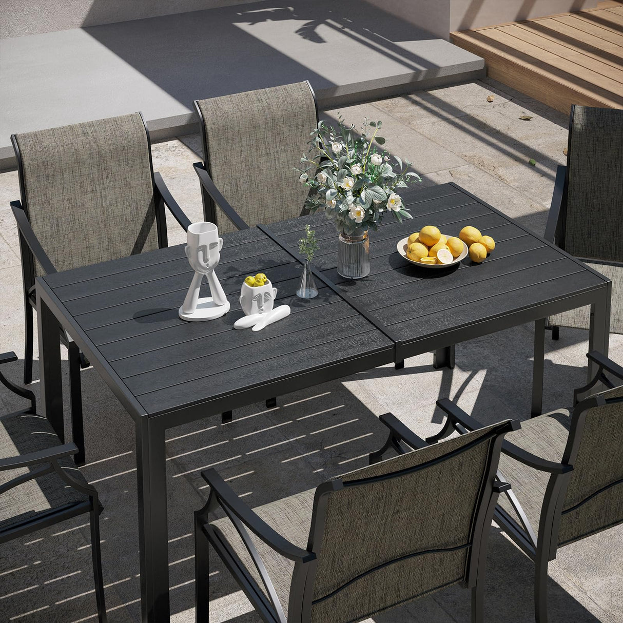 Rectangle Patio Dining Table for 6, All Weather Wood slatted Outdoor Table