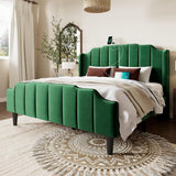 Vintage Full Size Velvet Platform Bed Frame with Tufted Wingback Headboard