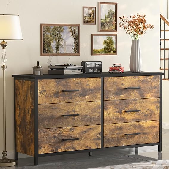 6 Drawer Double Dresser, Industrial Wood Dresser for Bedroom, Storage Cabinet