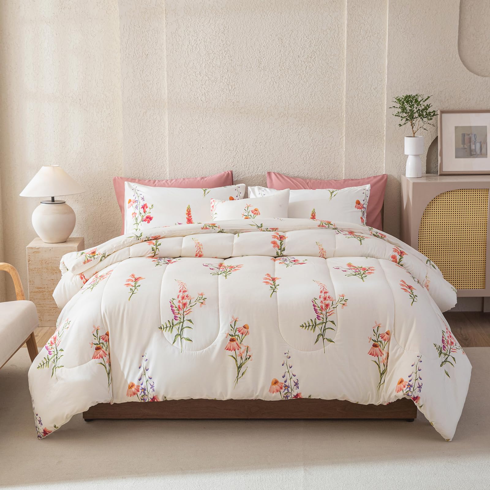8 Pcs Bed in a Bag Queen Botanical Floral Comforter Set Pink Flowers
