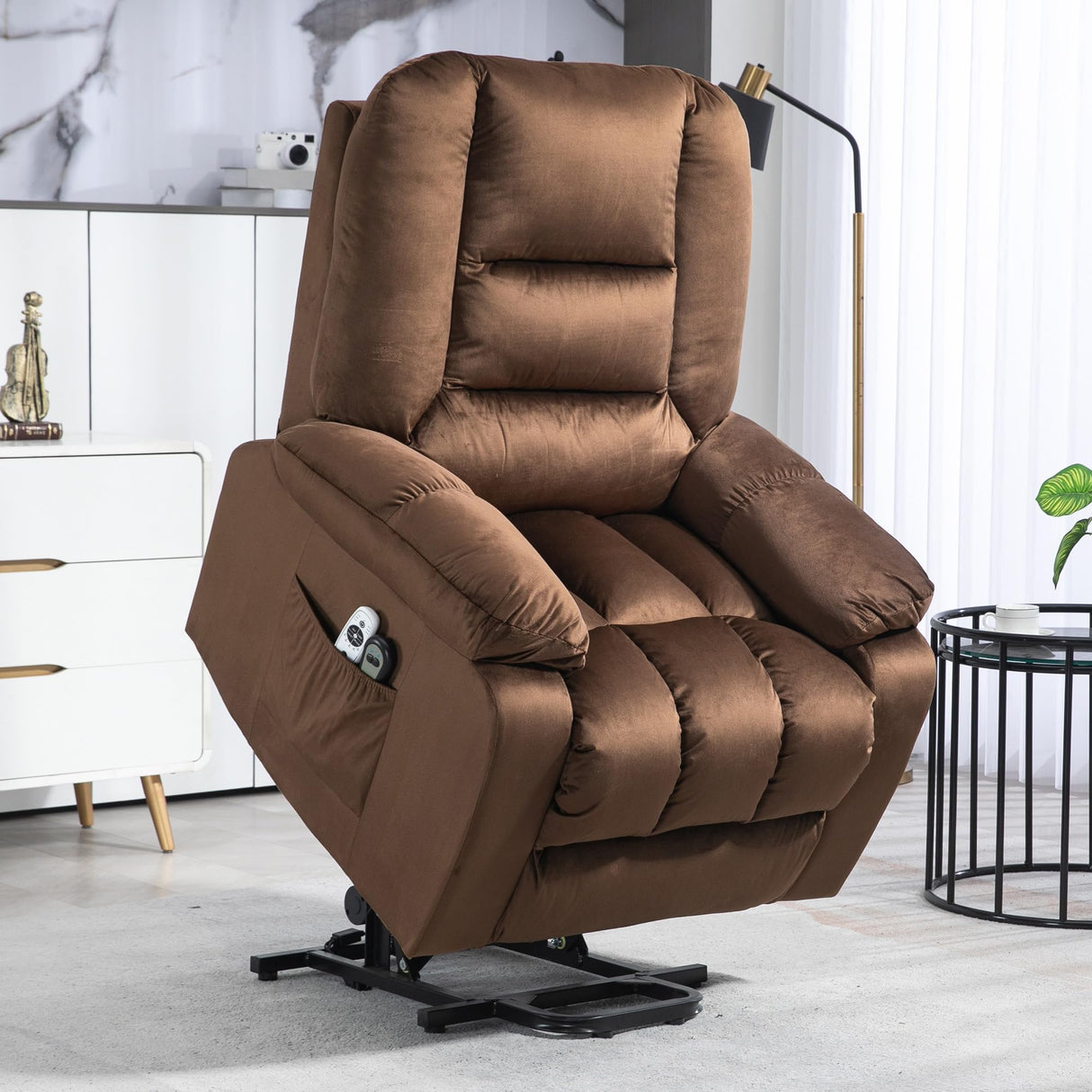 Power Lift Recliner Chair, Ergonomic Massage Chair with 4 Positions and Heating, Fabric Overstuffed Living Room Chairs with Side Pockets, Dark Brown