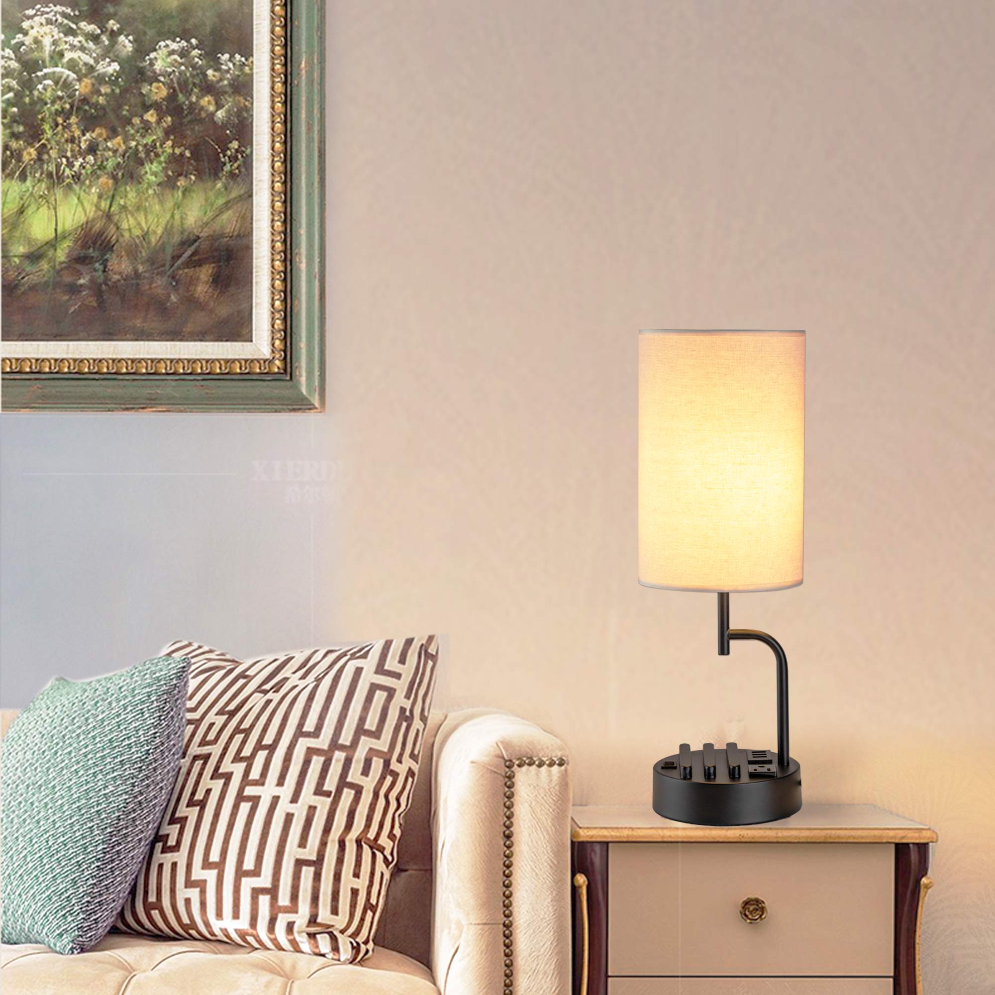 Table Lamp with 3 USB Charging Ports, Modern Desk Lamp with AC Outlet and Phone