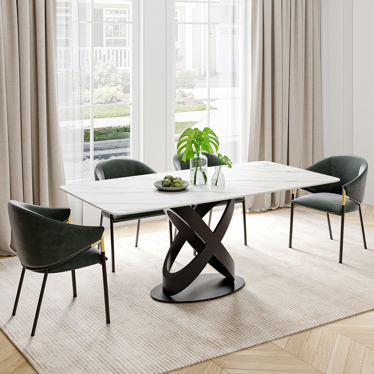 Modern Dining Table for 6, Matte White Dining Table Sintered Stone Dining Table Top with X-Shape Carbon Steel Pedestal Table,