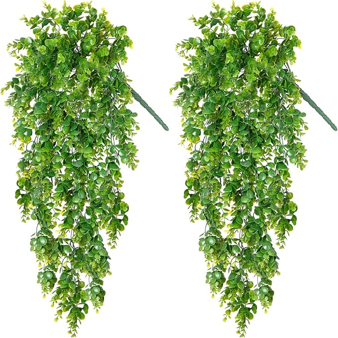 Fake Hanging Plants, 2pcs Lifelike Artificial Eucalyptus Greenery for Spring Summer