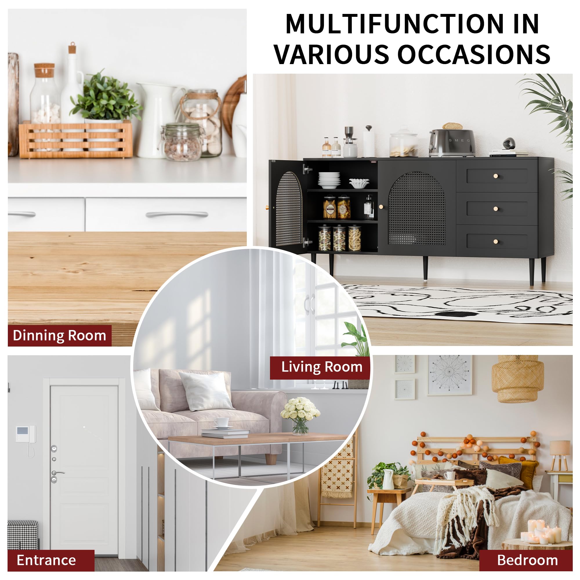 Modern Black Sideboard Buffet Cabinet with Storage & 3 Drawers, Console Table