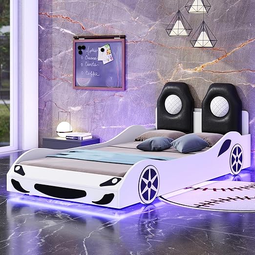 Twin Race Car Bed with LED Lights and Guardrails