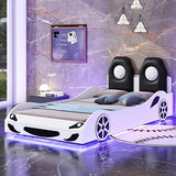 Twin Race Car Bed with LED Lights and Guardrails