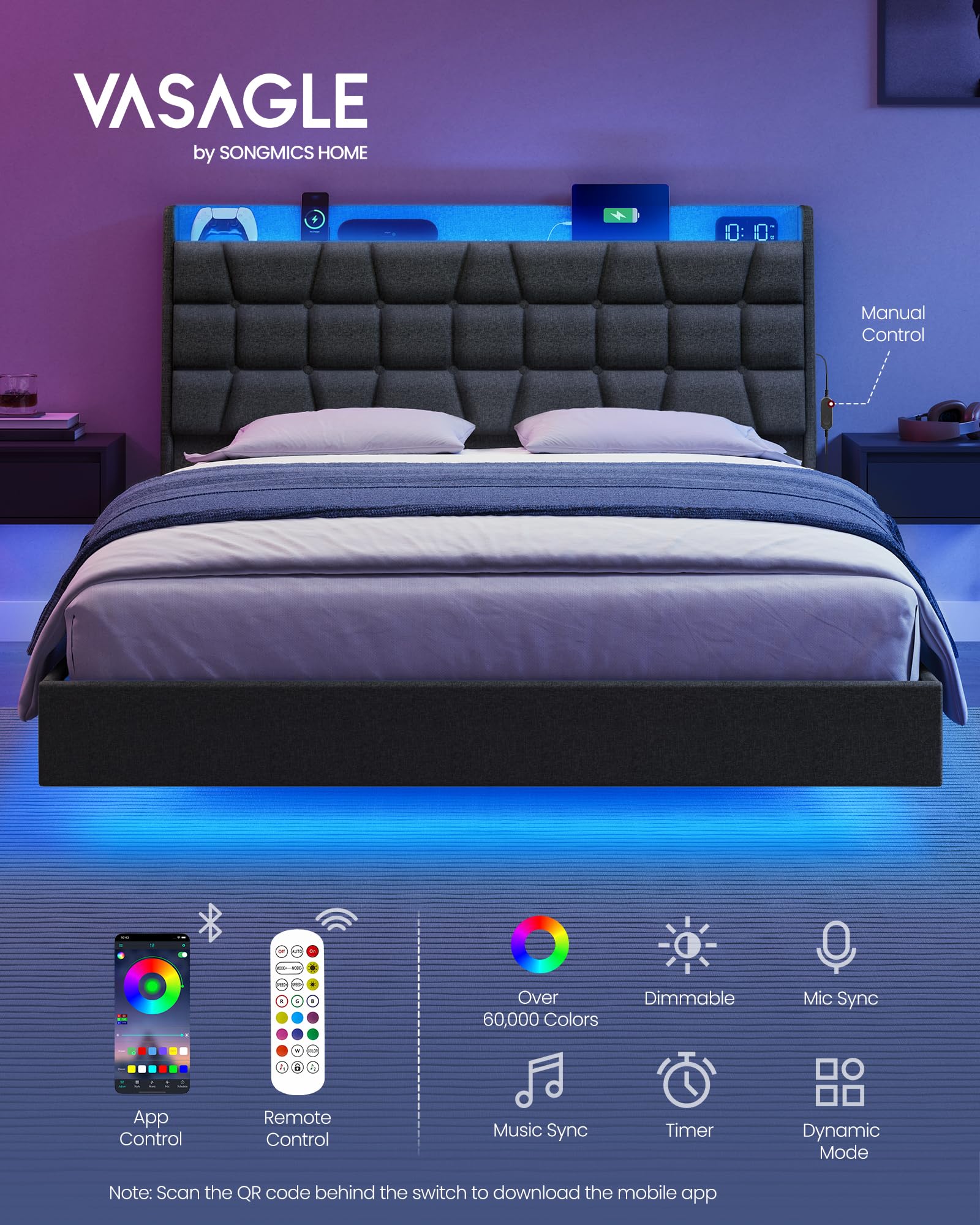 VASAGLE Queen Size Floating Bed Frame with LED Lights, Queen Bed Frame with Charging Station, Tufted Storage Headboard, Upholstered Platform Bed Frame, No Box Spring Needed, Dark Gray URMB851G71