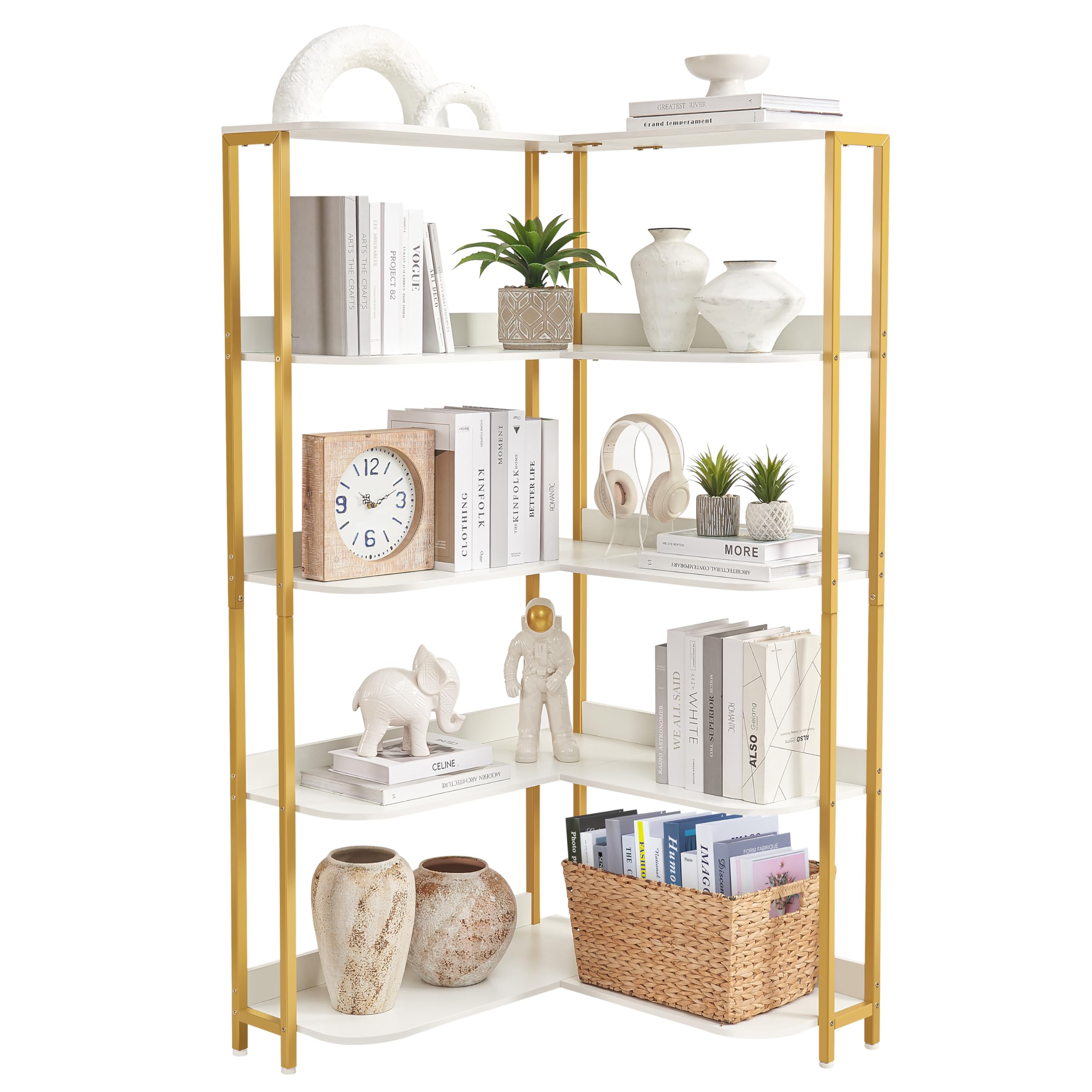 White L-Shaped Bookshelf, Modern Corner Bookshelf 5-Shelf Corner Bookcase
