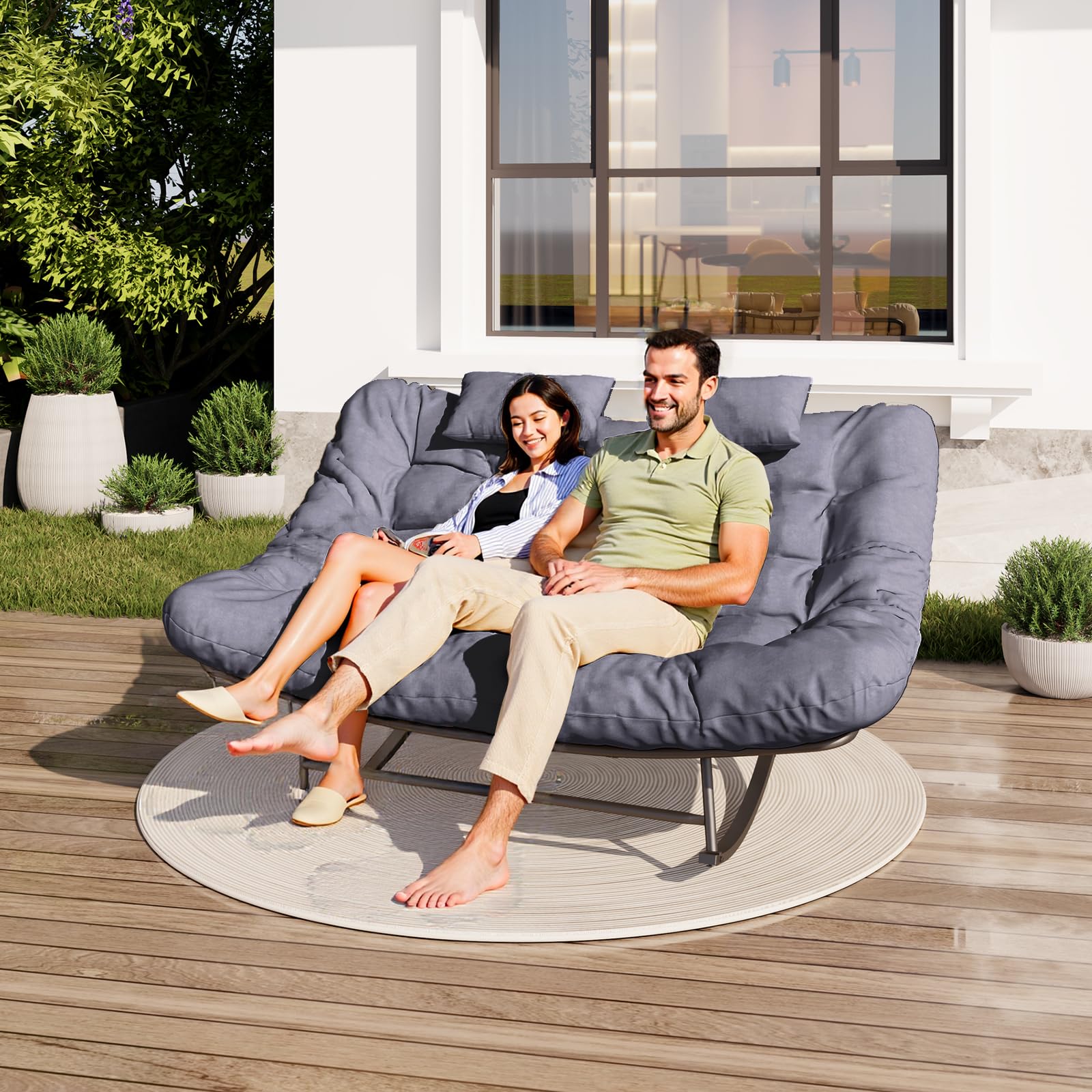 Oversized Outdoor Rocking Papasan Chair,Double Patio Rocking Chair for 2-Person