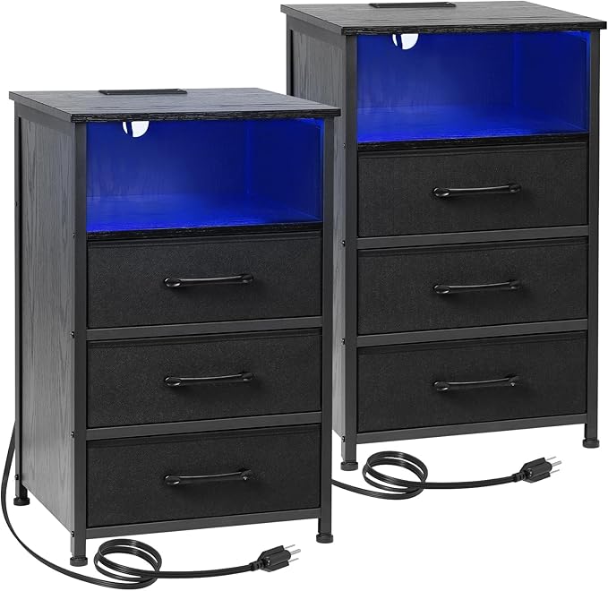 Night Stand Set 2, Tall Nightstand with Charging Station, Dresser for Bedroom