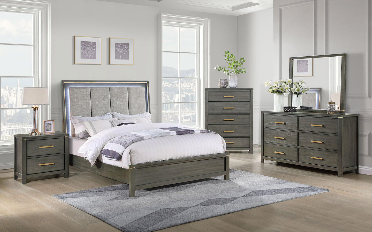 Kieran 5-Piece Queen Bedroom Set with Upholstered LED Headboard Grey