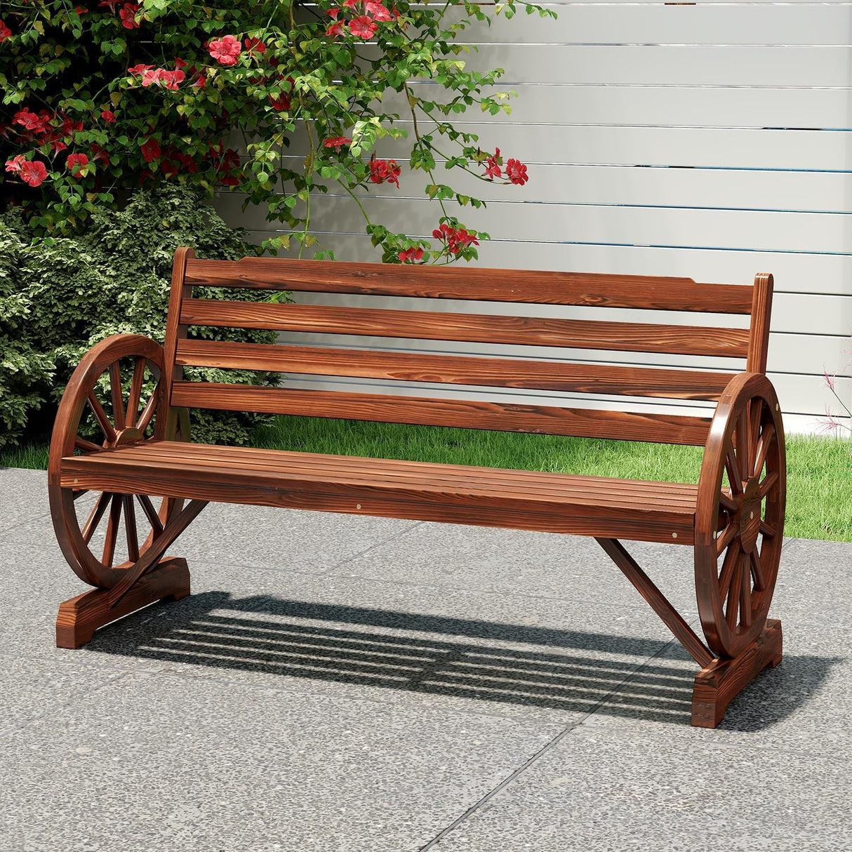 Wooden Rustic Wagon Wheel Bench, Outdoor Bench Seat, Patio 2-Person Bench