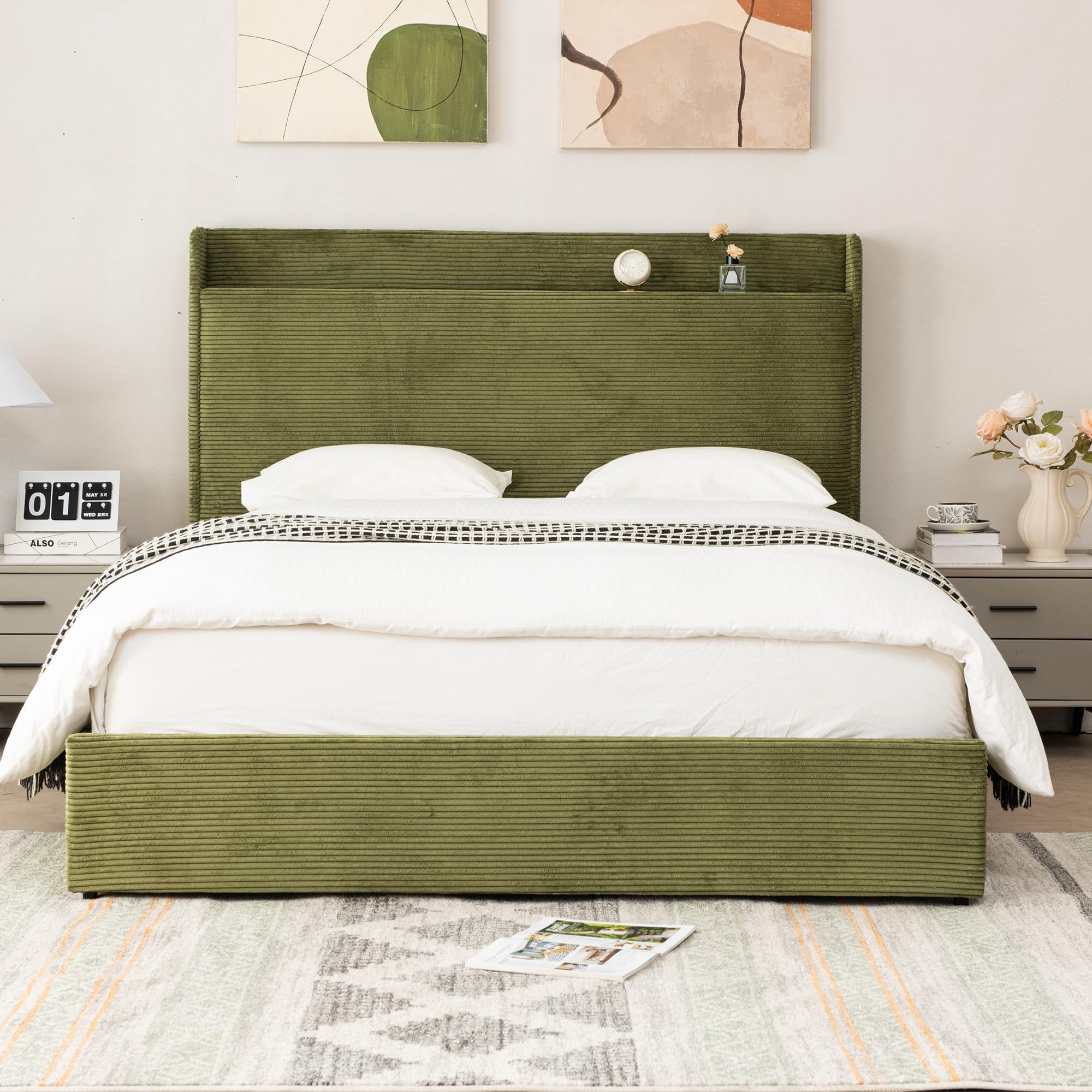 Queen Bed Frame with Storage Drawers - Upholstered Headboard