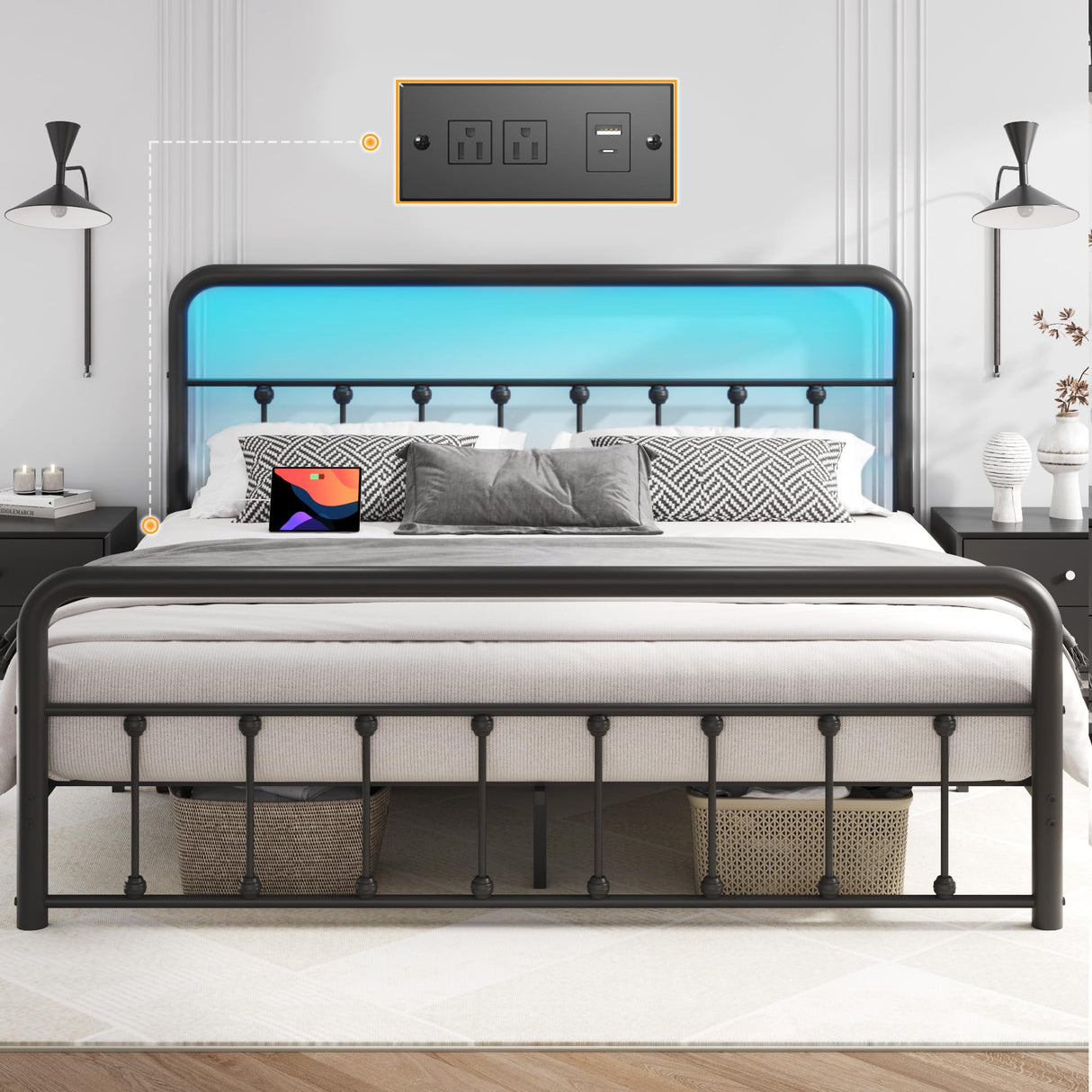 Metal Platform Bed Frame with Charging Station & LED, Victorian Style Iron-Art