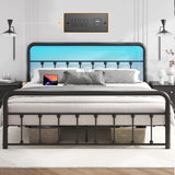 Metal Platform Bed Frame with Charging Station & LED, Victorian Style Iron-Art