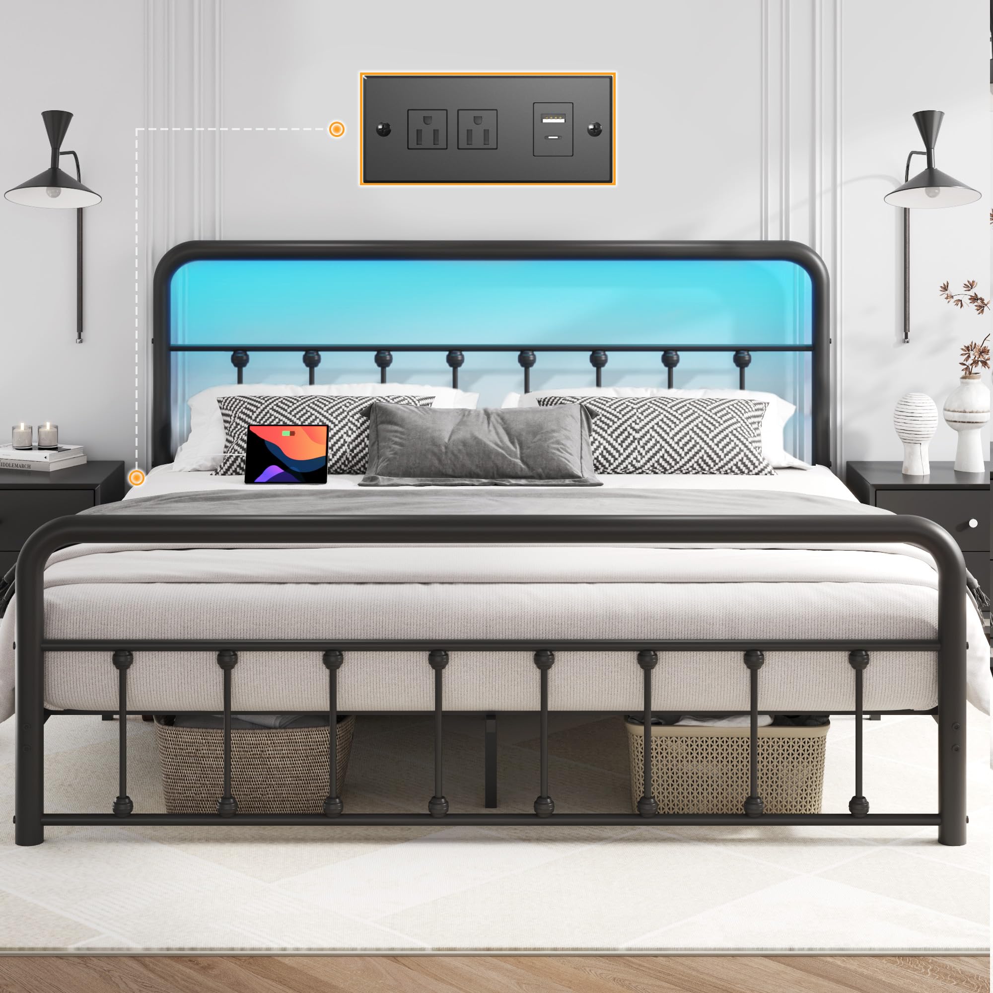 Metal Platform Bed Frame with Charging Station & LED, Victorian Style Iron-Art