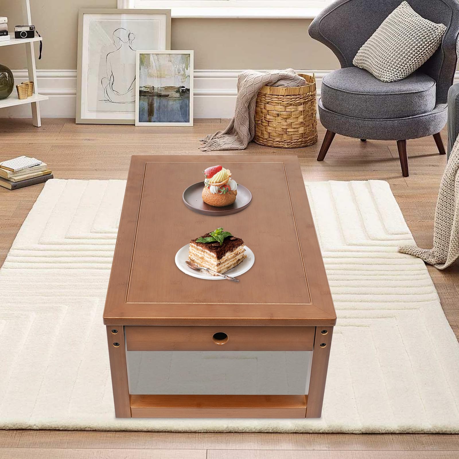 Floor Sitting Low Table, Modern End Table, Wood Coffee Table Rectangle Small Walnut