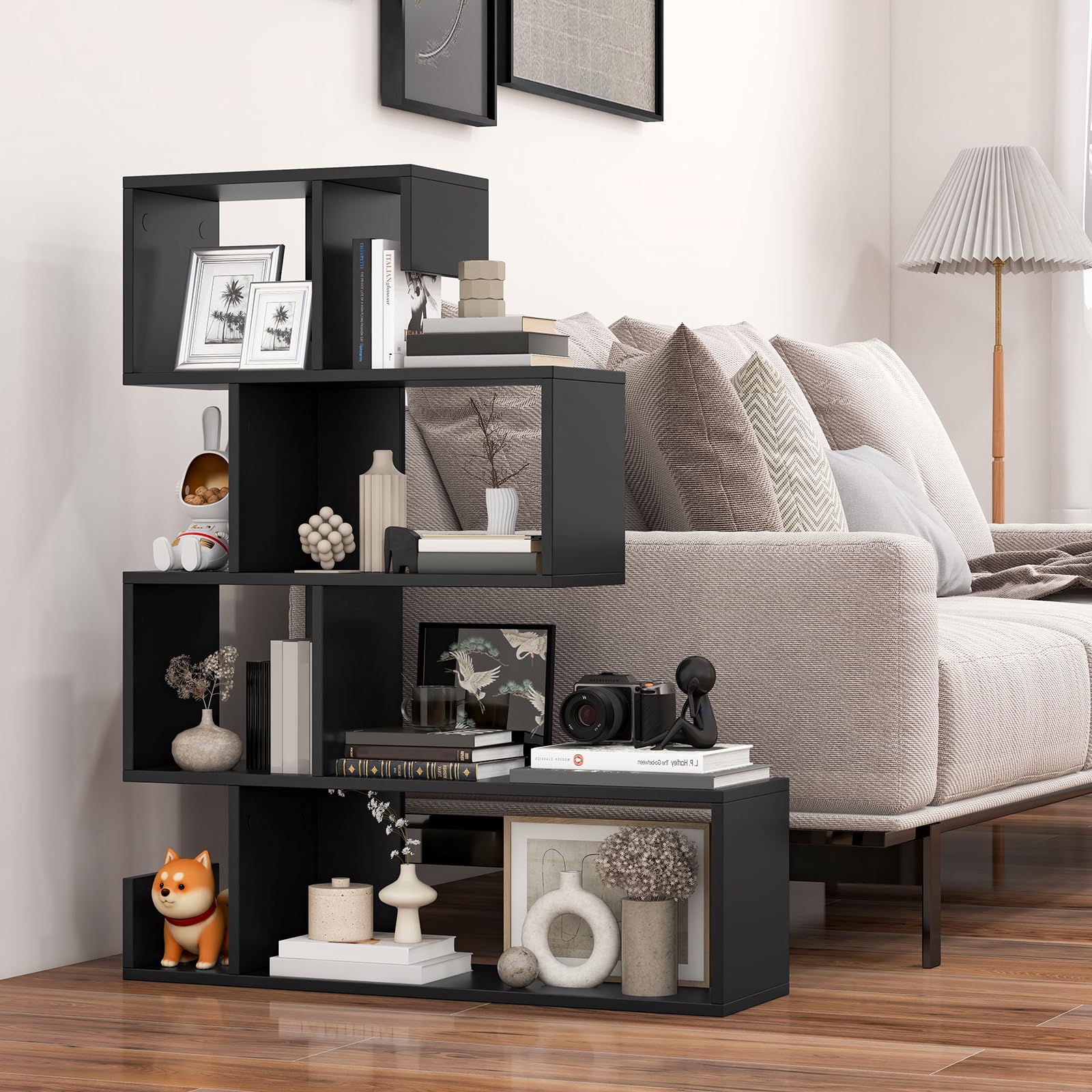 S-Shaped Bookshelf, Geometric Bookcase w/Open Cubes, Modern Decorative Display Shelf w/Anti-Toppling Kits, Freestanding Storage Rack for Living Room, Study, Home, Office, Black
