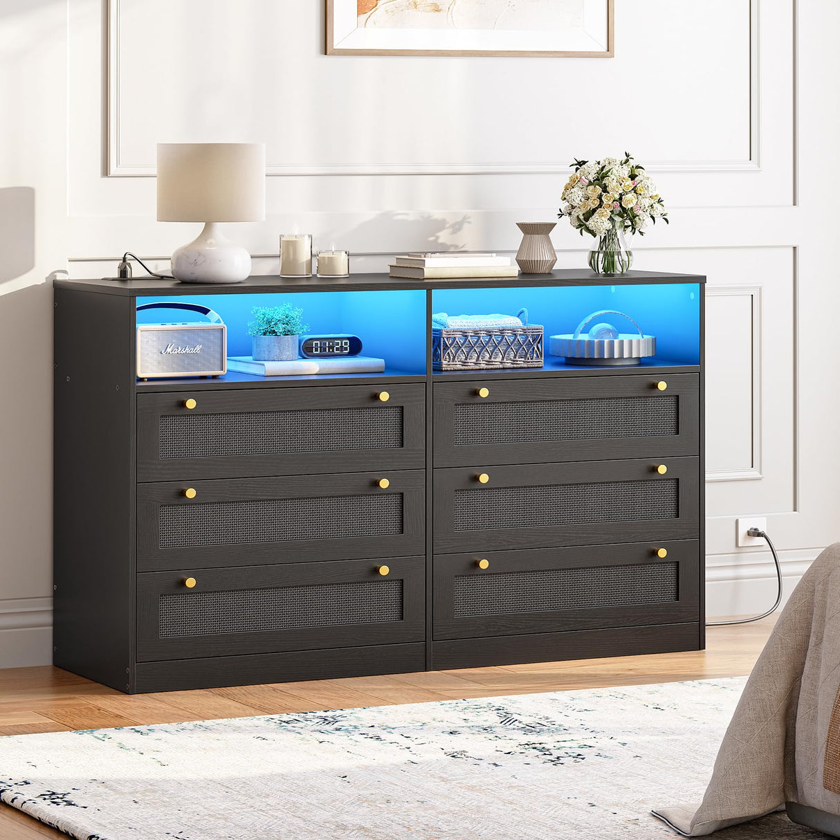 6 Drawer Dresser with LED Lights and Charging Station, Rattan Chest