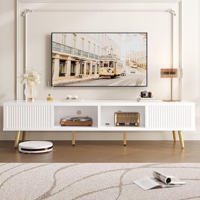 TV Stand for 75/80 inch TV, Low TV Stand with Fluted Sliding Doors