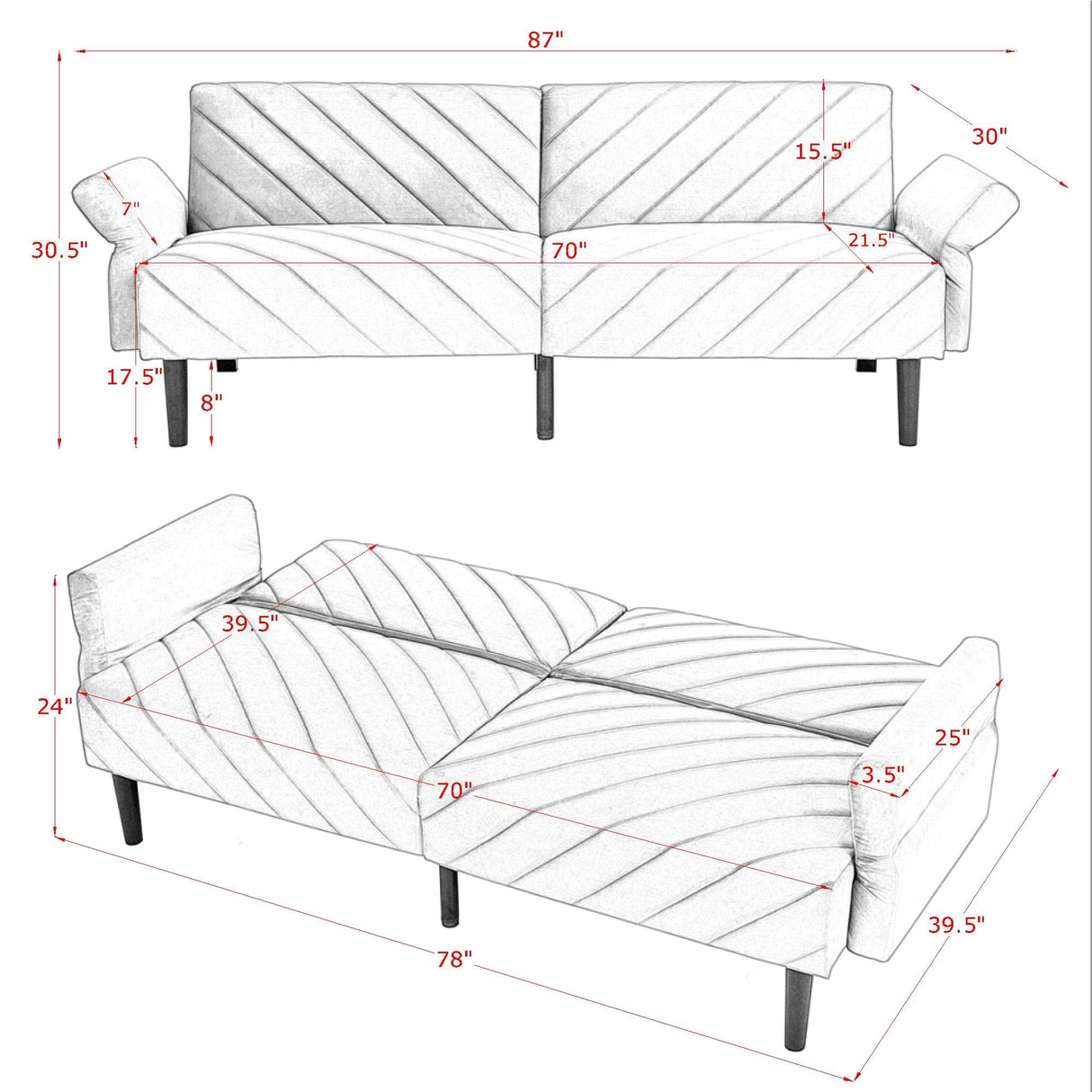 Velvet Futon Sofa Bed Couch, Convertible Sleeper Sofa with Adjustable Armrests and Backrest,