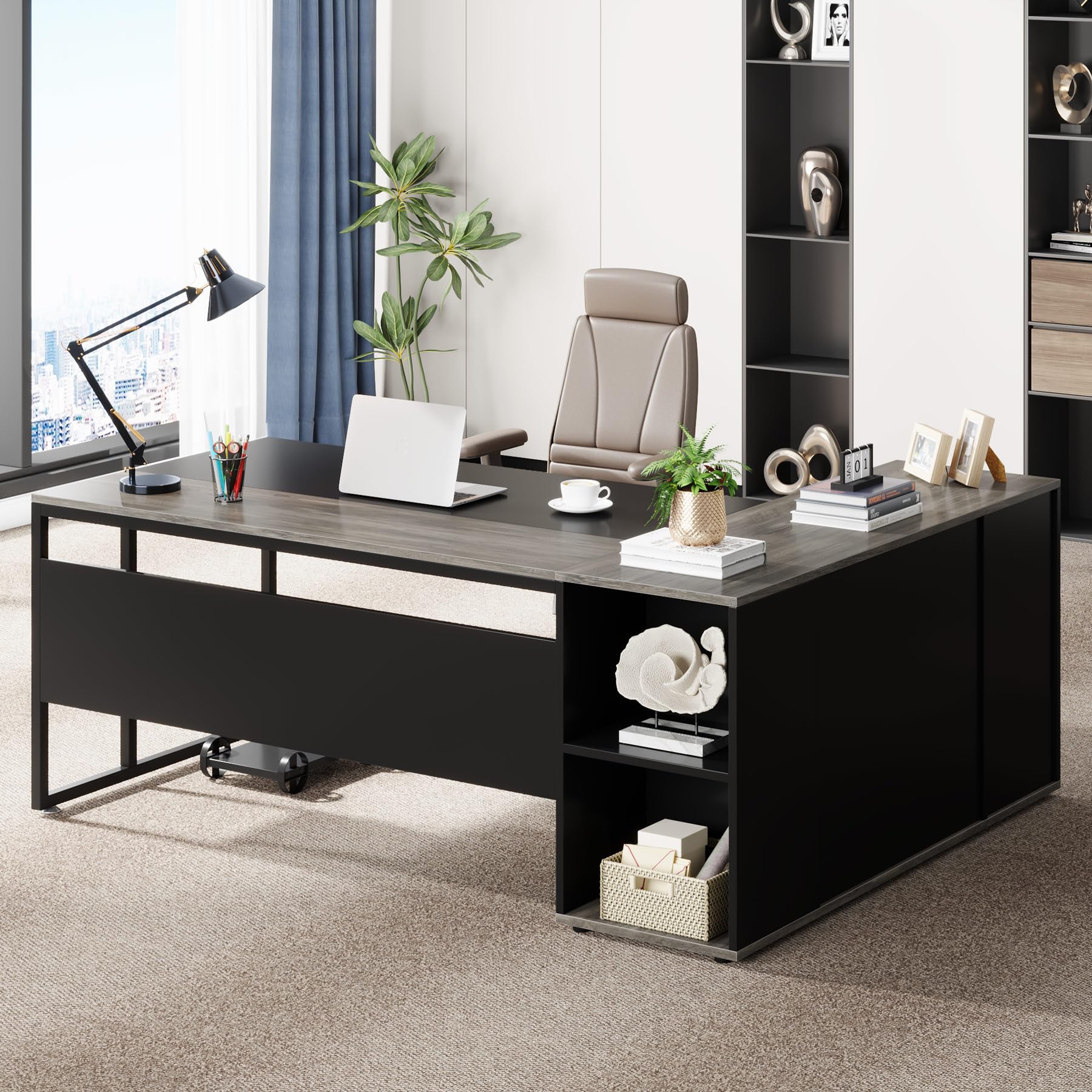 Large Executive Desk with File Cabinet, 71 inch L Shaped Computer Desk Office Desk