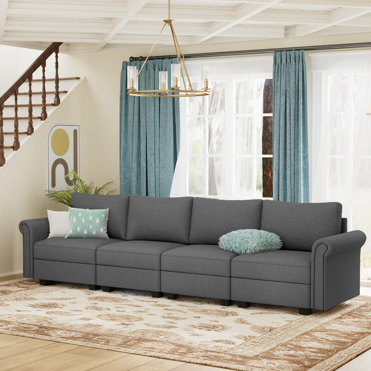 Modular Sectional Sofa Couch with Storage Space Underneath, 120''L 4 Seater