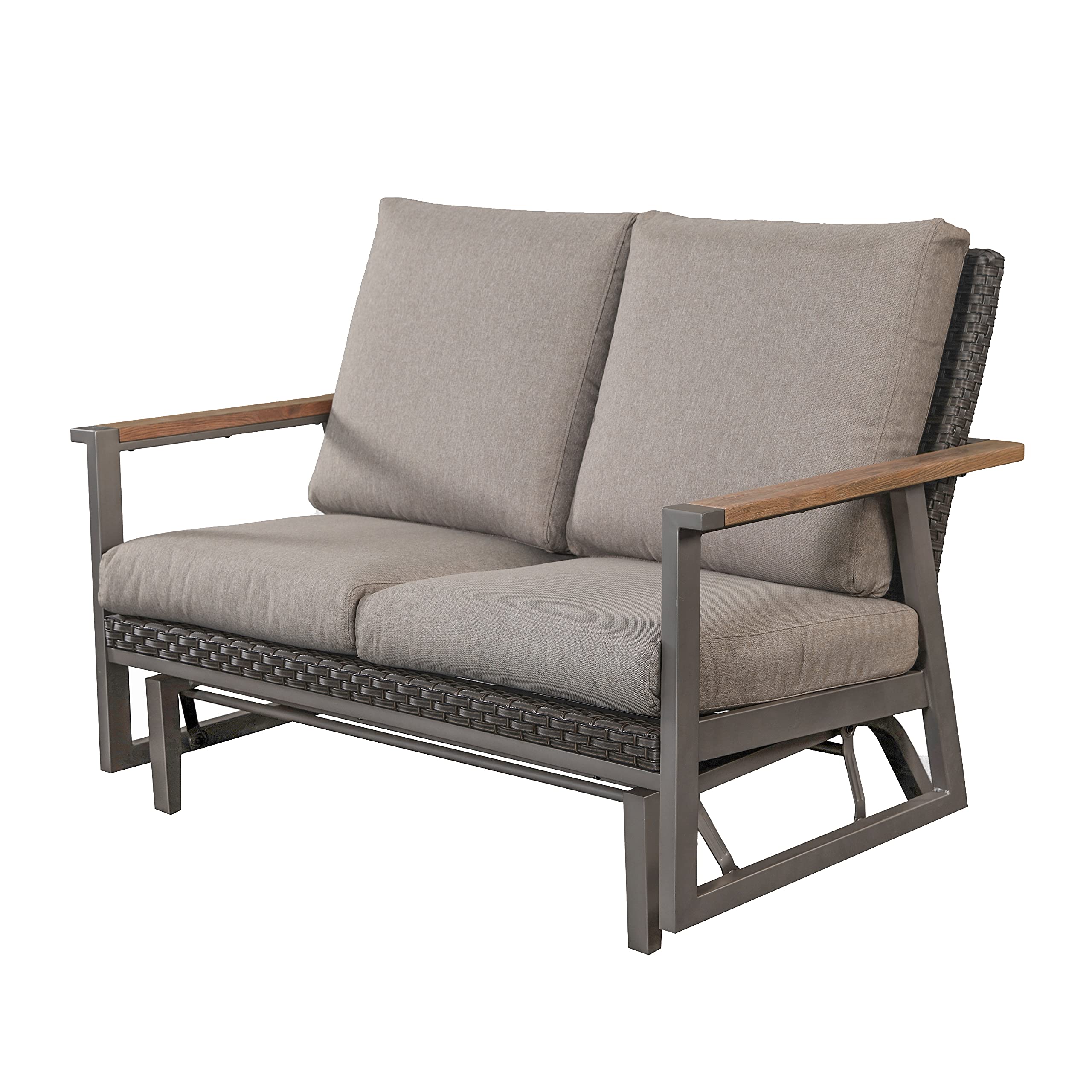 Patio Glider Loveseat Stable Steel Frame 2 Person Bench with Wooden Arms